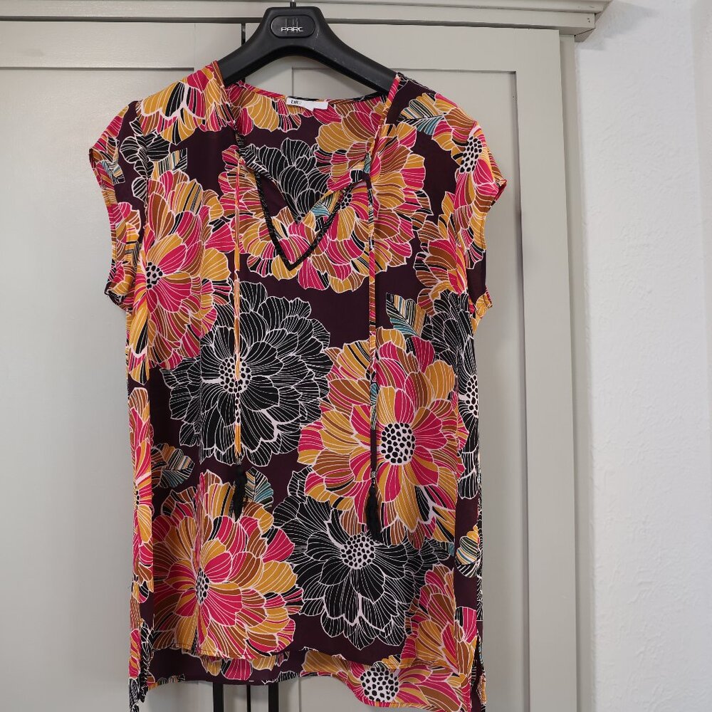 DR2 by Daniel Rainn Floral V-Neck Blouse – XL – Black/Pink/Brown/Yellow